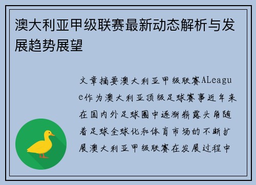 澳大利亚甲级联赛最新动态解析与发展趋势展望
