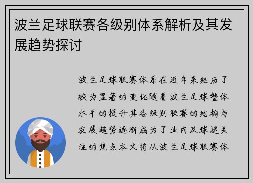 波兰足球联赛各级别体系解析及其发展趋势探讨