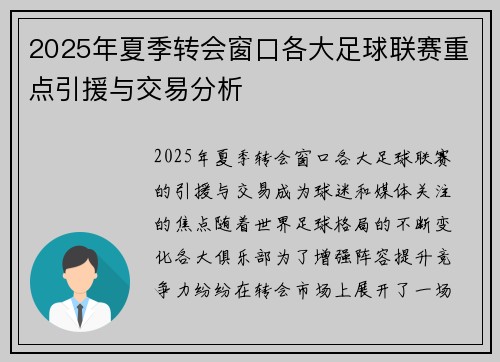 2025年夏季转会窗口各大足球联赛重点引援与交易分析