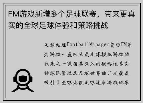 FM游戏新增多个足球联赛，带来更真实的全球足球体验和策略挑战