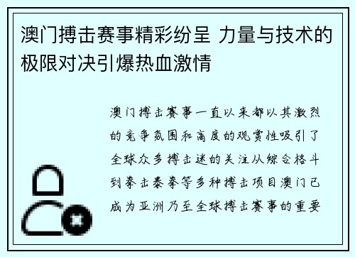 澳门搏击赛事精彩纷呈 力量与技术的极限对决引爆热血激情